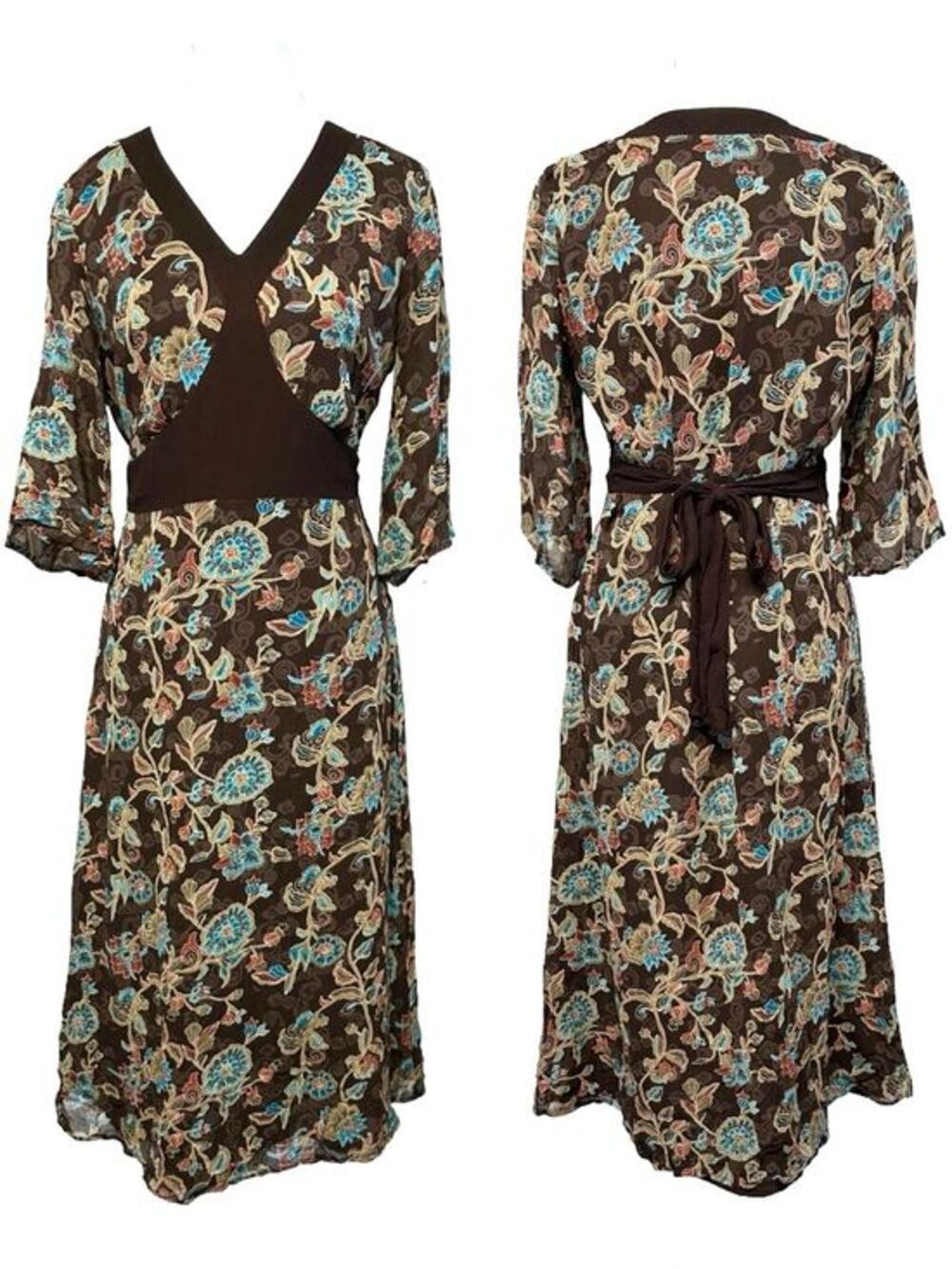 Y2K Vintage Style&Co Babydoll Floral Chiffon Brown Tie Waist Midi Dress Boho 10